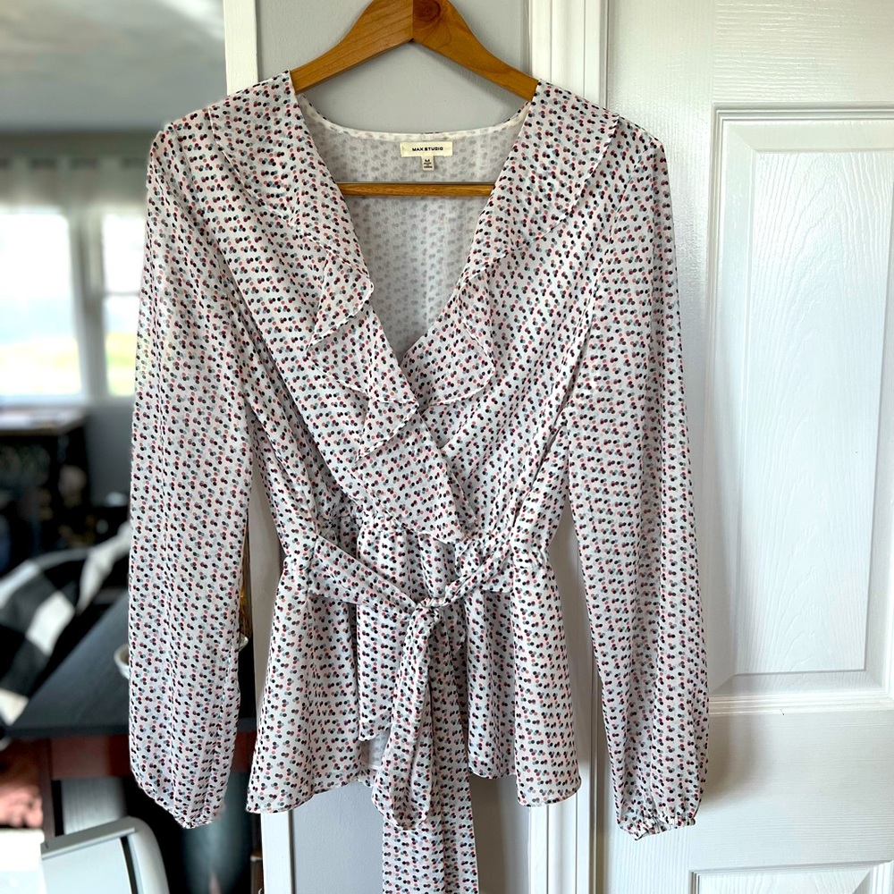 Max Studio Polka Dot Ruffled Peplum Blouse with Bow, Medium